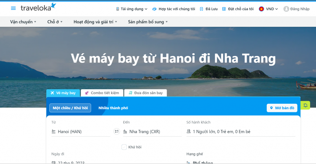 Giao diện đặt vé máy bay Hà Nội Nha Trang | Ảnh: Traveloka