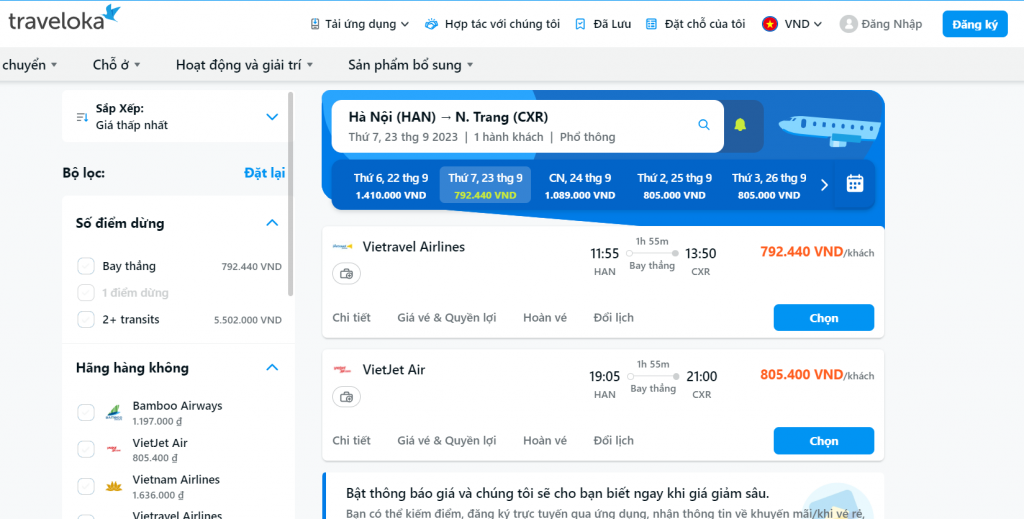 Giá vé máy bay Hà Nội Nha Trang giá rẻ tại Traveloka | Ảnh: Traveloka